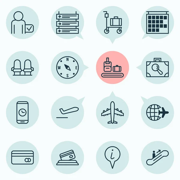 Traveling icons set with information board, compass, aircraft and other departure information elements. Isolated  illustration traveling icons.