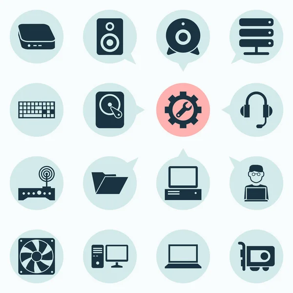 Computer icons set with web camera, wifi modem, man with laptop and other earphone elements. Isolated  illustration computer icons.