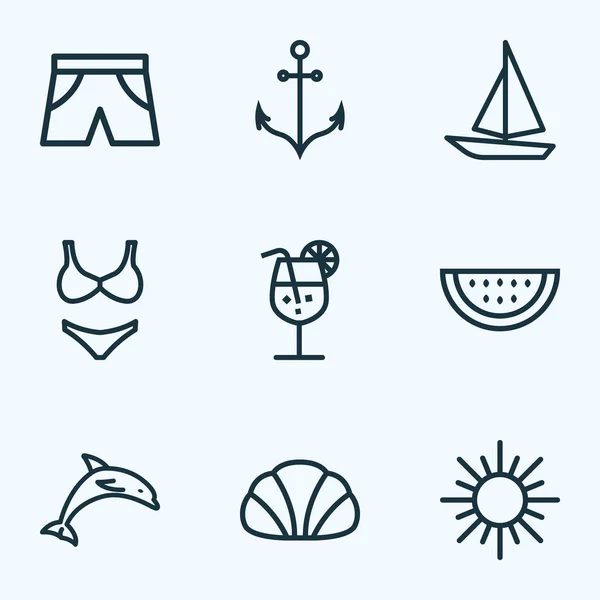 Summer icons line style set with dolphin, watermelon, anchor and other armature  elements. Isolated  illustration summer icons.