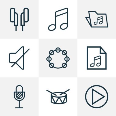 Ses simge stil tef, davul, sessiz ve diğer varil öğeleri kümesi satır. İzole vektör çizim ses simgeler.