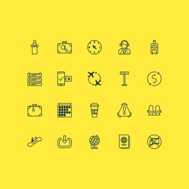 Yürüyen merdiven yukarı, Portföy, takvim ve diğer öğelerin etrafında sinek ile Havaalanı Icons set. İzole vektör çizim Havaalanı simgeler.