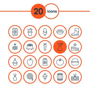 Çiftlik Icons set ile elma, hortum, Bahçe Ayakkabı ve diğer kök öğeleri ile. İzole vektör çizim çiftlik simgeler.