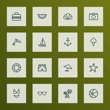 Yaz simgeler Stil kümesi kavun, el çantası, voleybol beachwear öğeleri satır. İzole vektör çizim yaz simgeler.