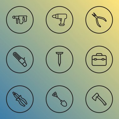 Araçları simge stil matkap, elektrikli alet, kelepçe ve diğer cıvata öğeleri kümesi satır. İzole vektör çizim araçları simgeler.