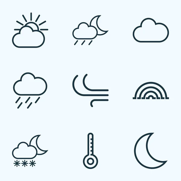 Weather icons line style set with wind, nigth, arc and other temperature elements. Isolated vector illustration weather icons.