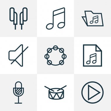 Ses simge stil tef, davul, sessiz ve diğer varil öğeleri kümesi satır. İzole illüstrasyon ses simgeler.