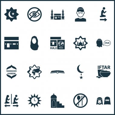 Ramazan simgeleri olan insanlar, kareem, ayarla alt gözlerini ve diğer dua öğeleri. İzole illüstrasyon Ramazan kutsal kişilerin resmi.