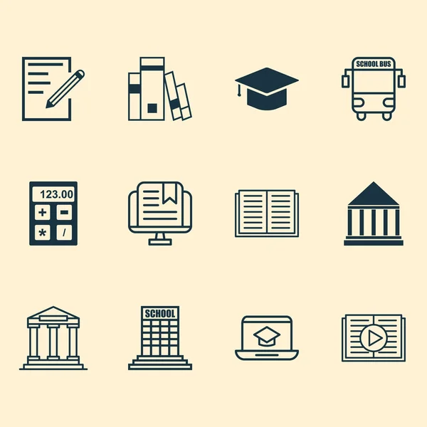 Образовательные иконки с онлайн образованием, университетским зданием, калькулятором и другими бумажными элементами. Изолированные иконки с иллюстрациями . — стоковое фото