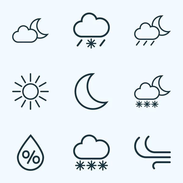 Clima ícones linha estilo definido com luz do sol, queda de neve, vento e outros elementos de brisa. Isolados ícones do clima ilustração . — Fotografia de Stock