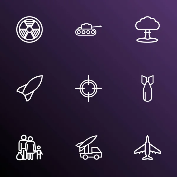 Battle icons line style set with fighter, refugee, tank and other panzer  elements. Isolated  illustration battle icons.