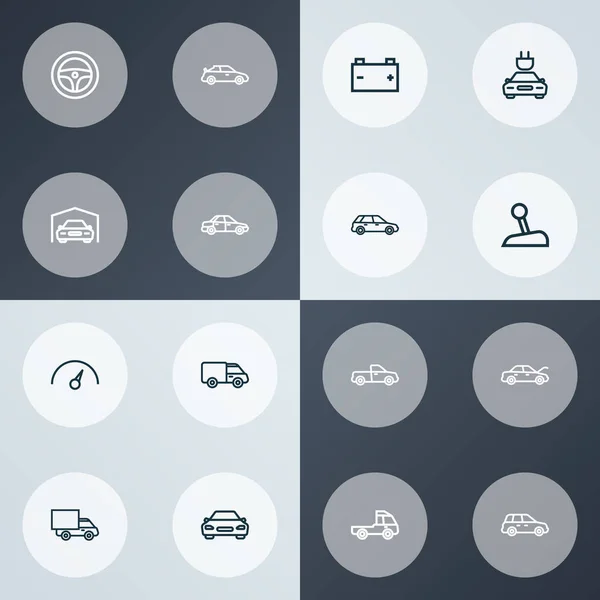 Автомобільні піктограми лінійного стилю встановлюються з елементами вантажівки, автомобіля, працездатності та інших седанів. Ізольовані ілюстрації іконки автомобілів . — стокове фото