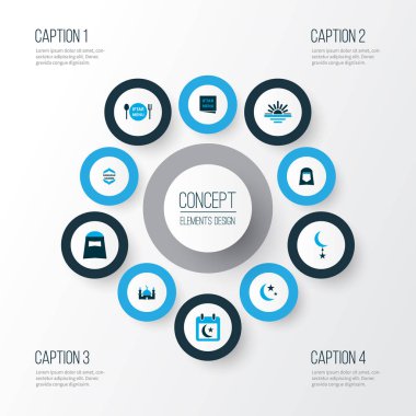 Din simgeler Tanrılar house, menü, takvim ve diğer hijab öğeleri kümesi renkte. İzole vektör çizim din simgeler.