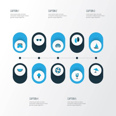 Yaz simgeler kümesi şemsiye, plaj sandaletleri, gemi şort öğeleri ile renkli. İzole vektör çizim yaz simgeler.