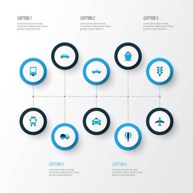 Sevk irsaliyesi simgeler kümesi tramvay, pikap, trafik ışığı ve diğer Monoray öğeleri ile renkli. İzole vektör çizim sevk irsaliyesi simgeler.