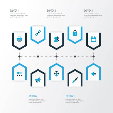 Küme grubu, kilit, geri ve diğer temel unsuru ile renkli simgeler arabirim. İzole vektör çizim arayüzü simgeler.