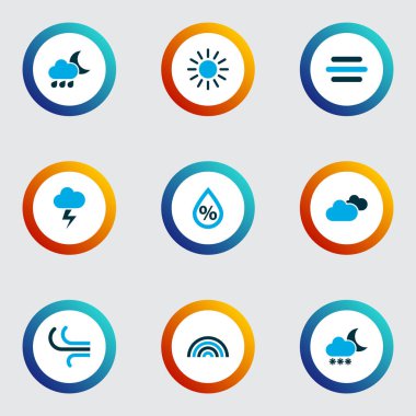 Hava bulutlu, kar yağışı, meltem ve diğer blizzard öğeleri kümesiyle renkli simgeler. İzole vektör çizim hava simgeleri.