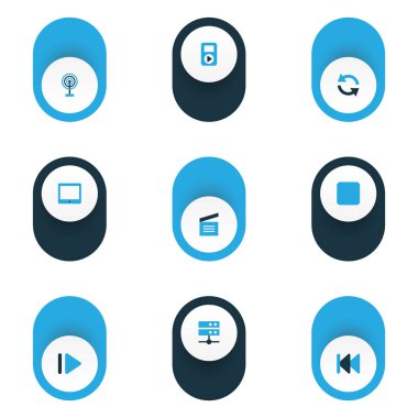 Medya Icons set film bel soğukluğu, tablet, yayın ve diğer avuçiçi öğeleri ile renkli. İzole vektör çizim Medya simgeler.