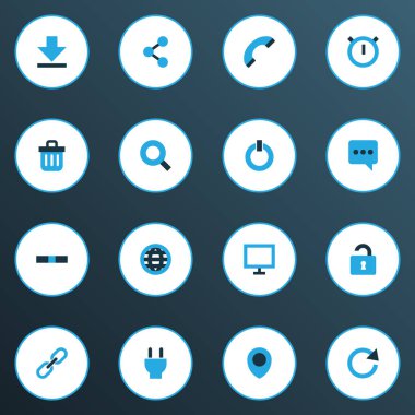 Güç, aşağı ok, ekran ve diğer geri dönüşüm kutusu öğeleri kümesiyle renkli simgeler arabirim. İzole vektör çizim arayüzü simgeler.