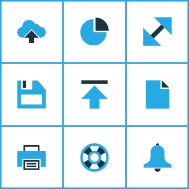 Cankurtaran, disket, alarm ayarlama ve diğer renkli arayüzü simgeleri öğeleri büyütmek. İzole vektör çizim arayüzü simgeler.