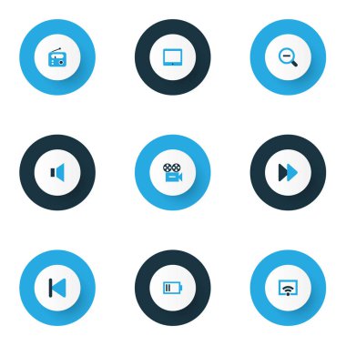 Müzik simgeler kümesi düşük pil, radyo, Hızlı ileri ve diğer tarayıcı öğeleri ile renkli. İzole vektör illüstrasyon müzik simgeleri.