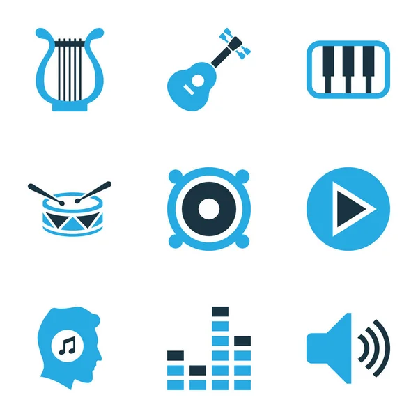 Icone musicali colorate con megafono, melomano, suono e altri elementi di pianoforte. Isolato vettoriale illustrazione icone musicali . — Vettoriale Stock