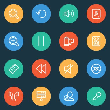 Müzik simgeleri stil amplifikatör, sanatçı, ortam sunucusu ve diğer datacenter öğeleri kümesi satır. İzole vektör illüstrasyon müzik simgeleri.