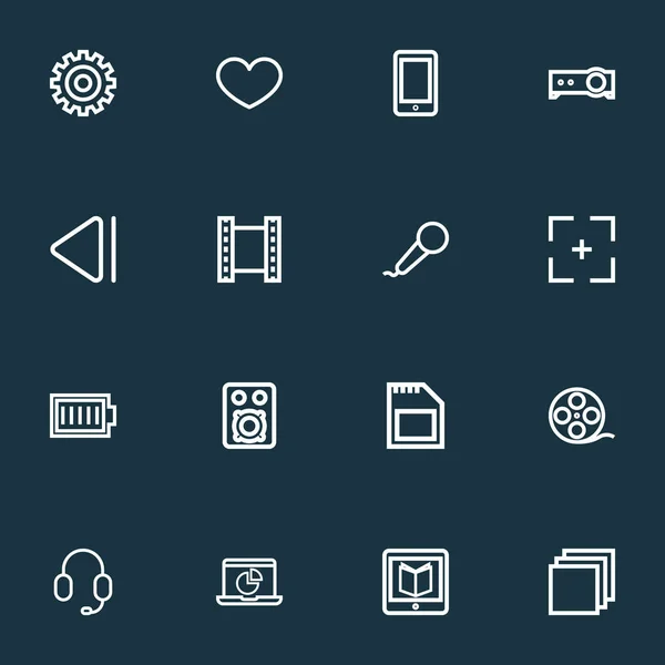 Iconos multimedia conjunto de estilo de línea con carrete de película, tarjeta SD, carga y otros elementos de engranaje. Iconos de medios de ilustración vectorial aislado . — Vector de stock