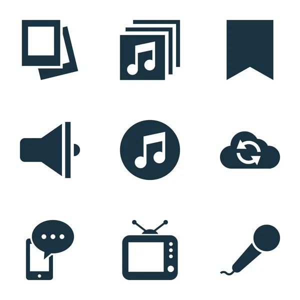 Ícones de mídia conjunto com alto-falante, marcador, tv e outros elementos de microfone. Ícones isolados de mídia de ilustração vetorial . — Vetor de Stock