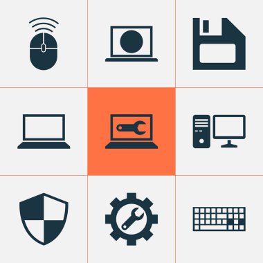 Bilgisayar simgeleri disket, kalkan, bilgisayar tamir ve diğer tuş takımı elemanları ile ayarlayın. İzole illüstrasyon bilgisayar simgeler.