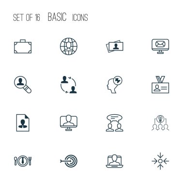 Kartvizit ile iş ikonları/simgeleri ayarla, iş yemeği, hedef ve diğer iş öğeleri nişan al. İzole illüstrasyon iş ikonları/simgeleri.