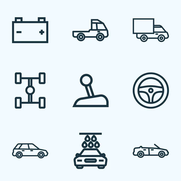Автомобильные иконки линейного стиля с рулевым колесом, прайм-мовером, колёсной базой и другими элементами грузовика. Изолированные иконки автомобилей . — стоковое фото