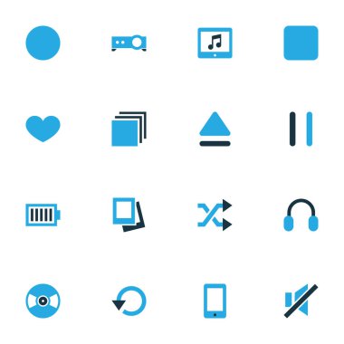Müzik simgeler ses kapalı, uygulama, replay ve diğer üst öğeleri kümesiyle renkte. İzole vektör illüstrasyon müzik simgeleri.