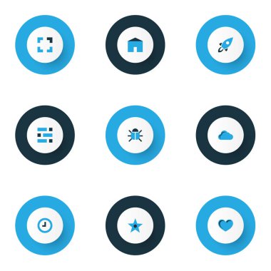 Bekle, hata, kalp ve diğer yıldız öğeleri kümesiyle renkli simgeler arabirim. İzole vektör çizim arayüzü simgeler.