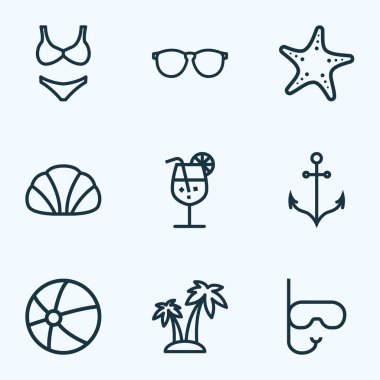 Sezon simge stil güneş gözlüğü, çapa, deniz yıldızı ve diğer gözlük öğeleri kümesi satır. İzole vektör çizim sezon simgeler.