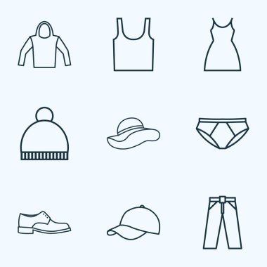 Giysi simgeler stil kap, bere, şık şapkalar ve diğer singlet öğeleri kümesi satır. İzole vektör çizim giyim simgeler.