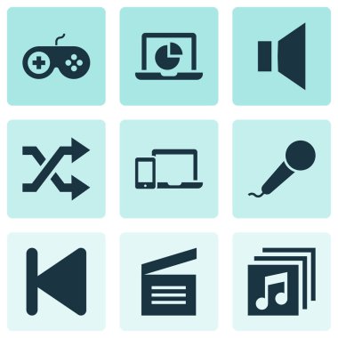 Multimedya simgeler joystick, Albümler, film alkış ve diğer Infographic öğeleri ile ayarlayın. İzole vektör çizim Multimedya simgeler.