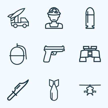 Savaş kutsal kişilerin resmi stil bıçak, kurşun, helikopter ve diğer çekim öğeleri kümesi satır. İzole vektör çizim Harp simgeler.