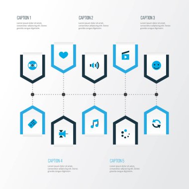 Medya Icons set Klaket, uydu, yükleme ve diğer pikap öğeleri ile renkli. İzole vektör çizim Medya simgeler.