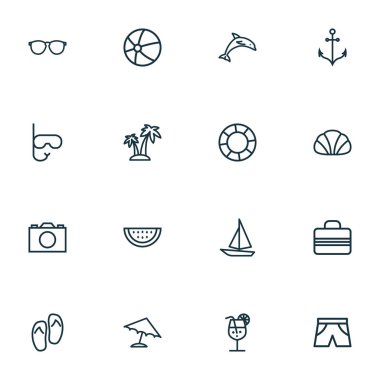 Sezon simge stil kümesi Yunus, ada, yelken tekne el çantası öğeleri satır. İzole vektör çizim sezon simgeler.