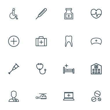 Antibiyotik simgeler stil Kliniği, diş, nabız ve diğer cihazlar öğeleri kümesi satır. İzole vektör çizim antibiyotik simgeler.