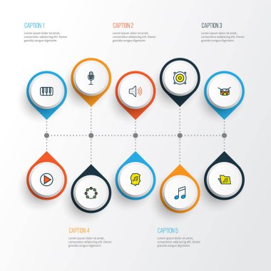 Müzik simgeleri renkli çizgi timbrel, hoparlör, fanatik ve diğer sevgilisi öğeleri ile ayarla. İzole vektör illüstrasyon müzik simgeleri.