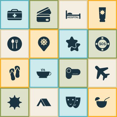 Turizm Icons set ile çadır, hastane, etiket ve diğer tıbbi durum öğeleri ile. İzole vektör çizim turizm simgeler.