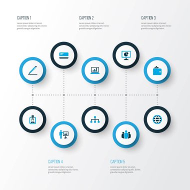 İş İkonları/Simgeleri ağ, dünya, istatistik ve diğer rozet öğeleri kümesiyle renkli. İzole vektör illüstrasyon iş ikonları/simgeleri.