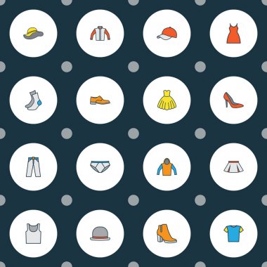 Şapka, bluz, panama ve diğer şık şapkalar öğeleri ile ayarlamak simgeleri renkli çizgi elbise. İzole vektör çizim elbise simgeler.