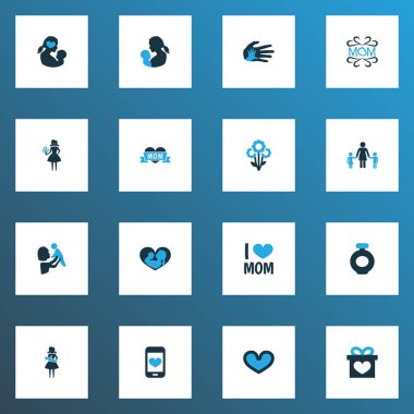 Anneler günü simgesi renkli tasarım konsepti. Çiçek ve koku 16 gibi öğeleri mevcut kümesi. Anne, bakım ve sevgi için güzel sembolleri.