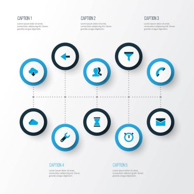 Küme depolama, kum saati, onarım ve diğer bulut öğeleri ile renkli simgeler arabirim. İzole vektör çizim arayüzü simgeler.
