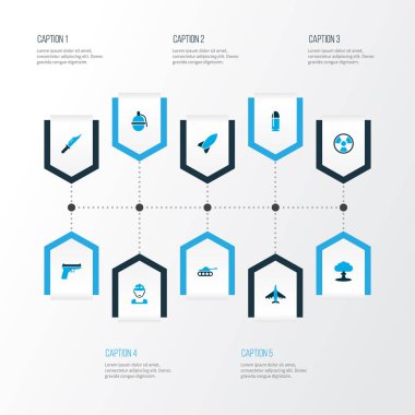 Savaş simgeler kümesi ateşli silah, memur, dinamit ve diğer bıçak öğeleri ile renkli. İzole vektör çizim Harp simgeler.
