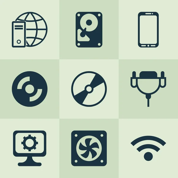 Maskinvara ikoner set med wifi, global anslutning, hårddisk och andra trådlösa element. Isolerade vektor illustration hårdvara ikoner. — Stock vektor