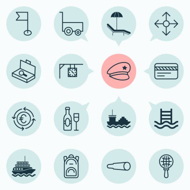 Seyahat simgeleri ile ayarla vagon, motorlu gemi, bayrak ve diğer dünya arama öğeleri taşır. İzole vektör illüstrasyon seyahat simgeler.