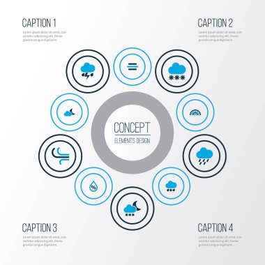 İklim simgeler kümesi gökkuşağı, kar, kar yağıyor ve diğer kar yağışı öğeleri ile renkli. İzole vektör çizim iklim simgeler.